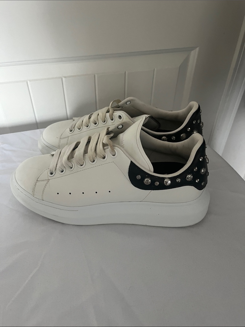 Alexander McQueen White Leather Sneakers with Black Jeweled Heel